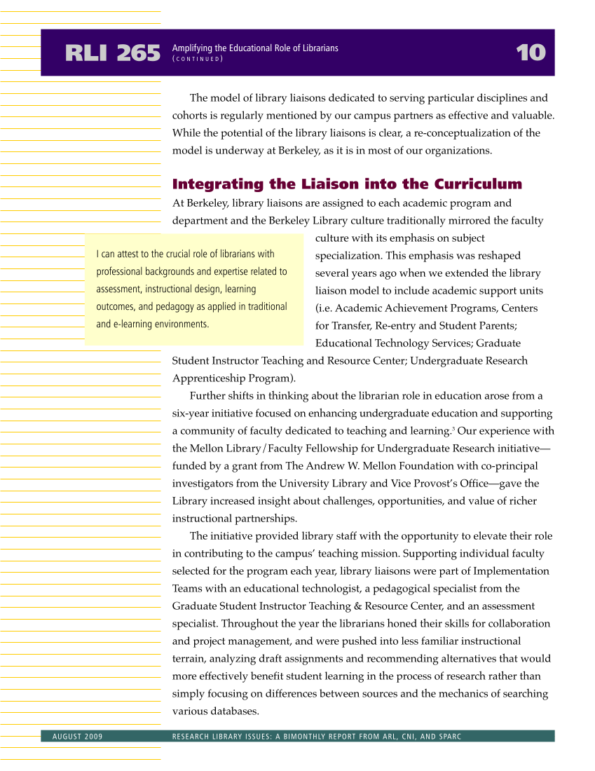 Research Library Issues, no. 265 (Aug. 2009): Special Issue on Liaison Librarian Roles page 11