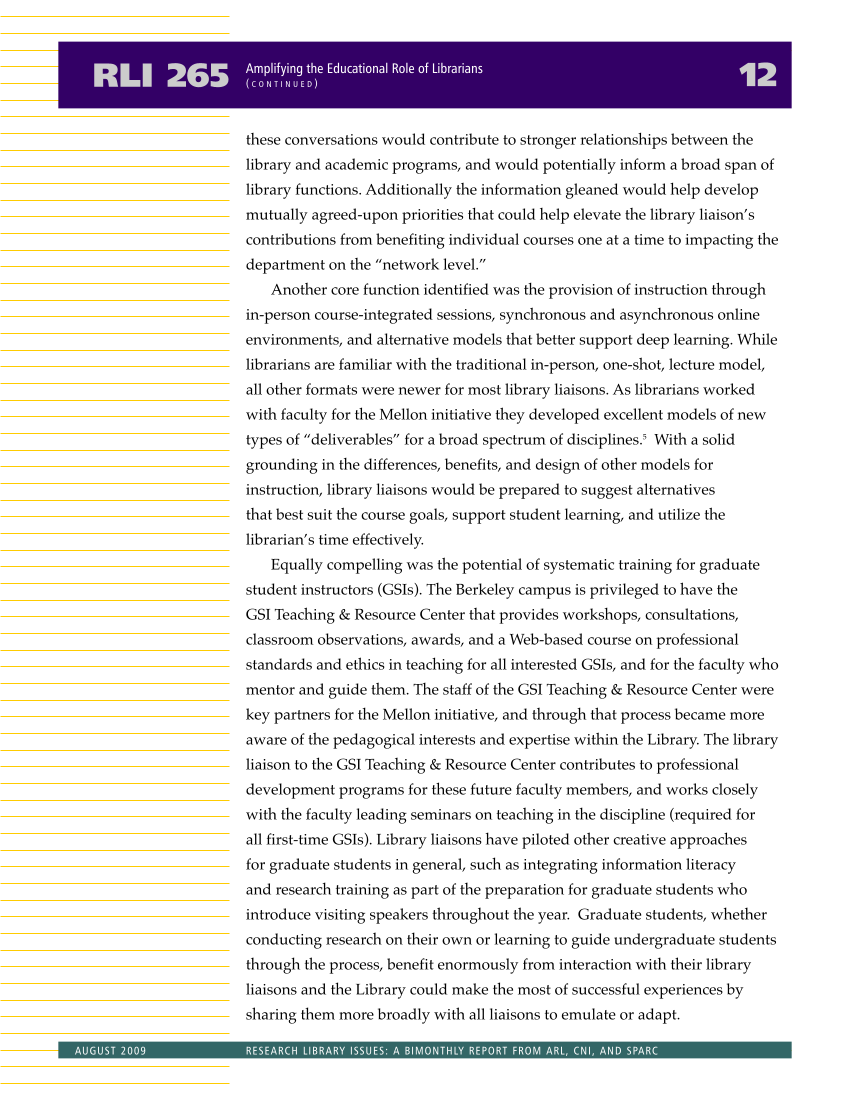 Research Library Issues, no. 265 (Aug. 2009): Special Issue on Liaison Librarian Roles page 13