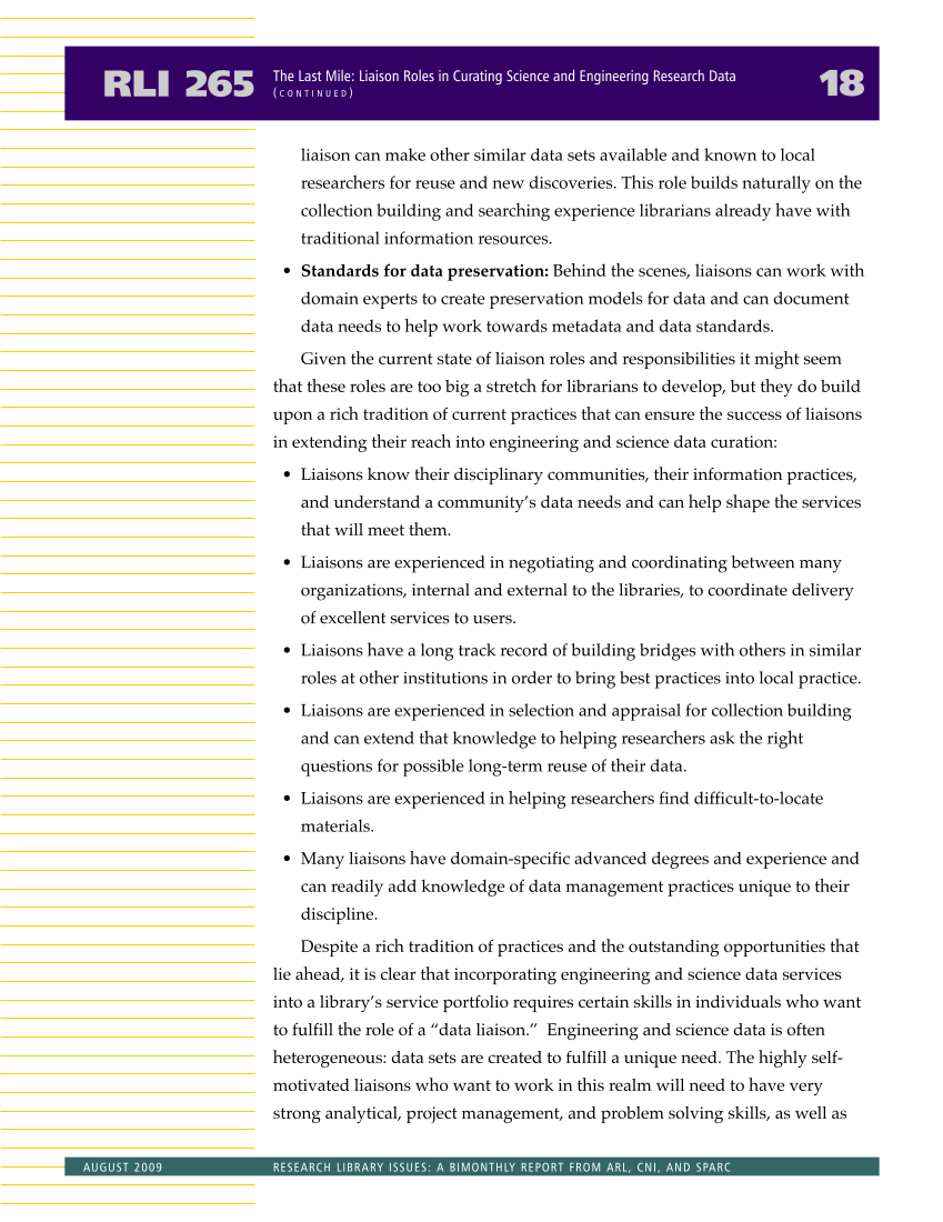 Research Library Issues, no. 265 (Aug. 2009): Special Issue on Liaison Librarian Roles page 19