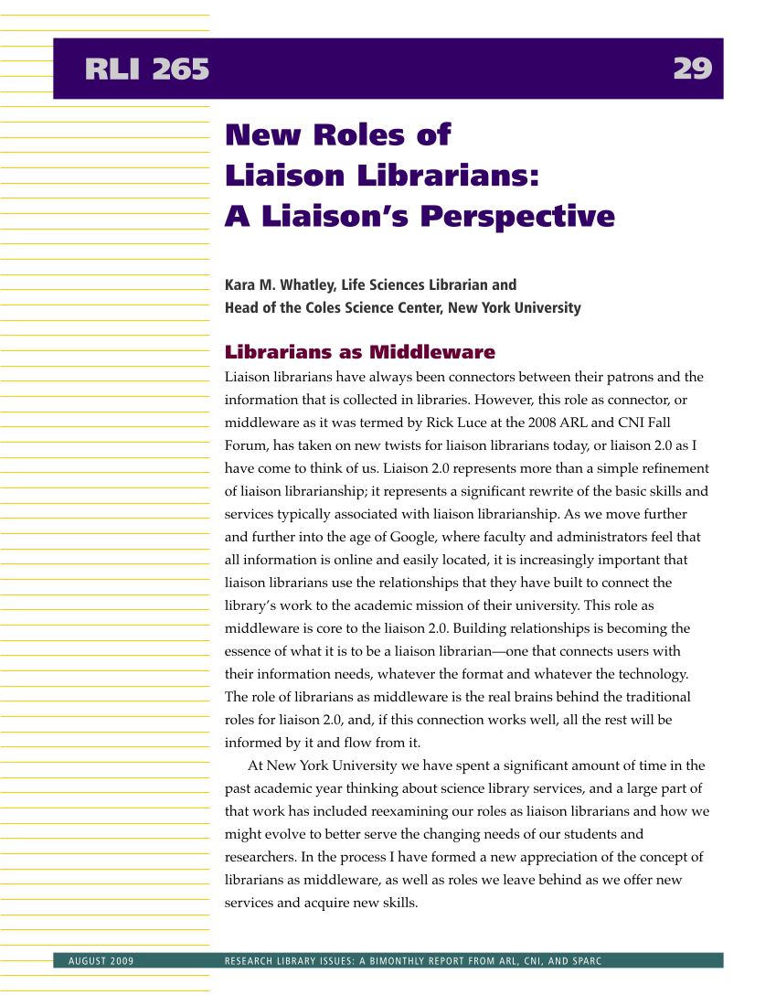 Research Library Issues, no. 265 (Aug. 2009): Special Issue on Liaison Librarian Roles page 30