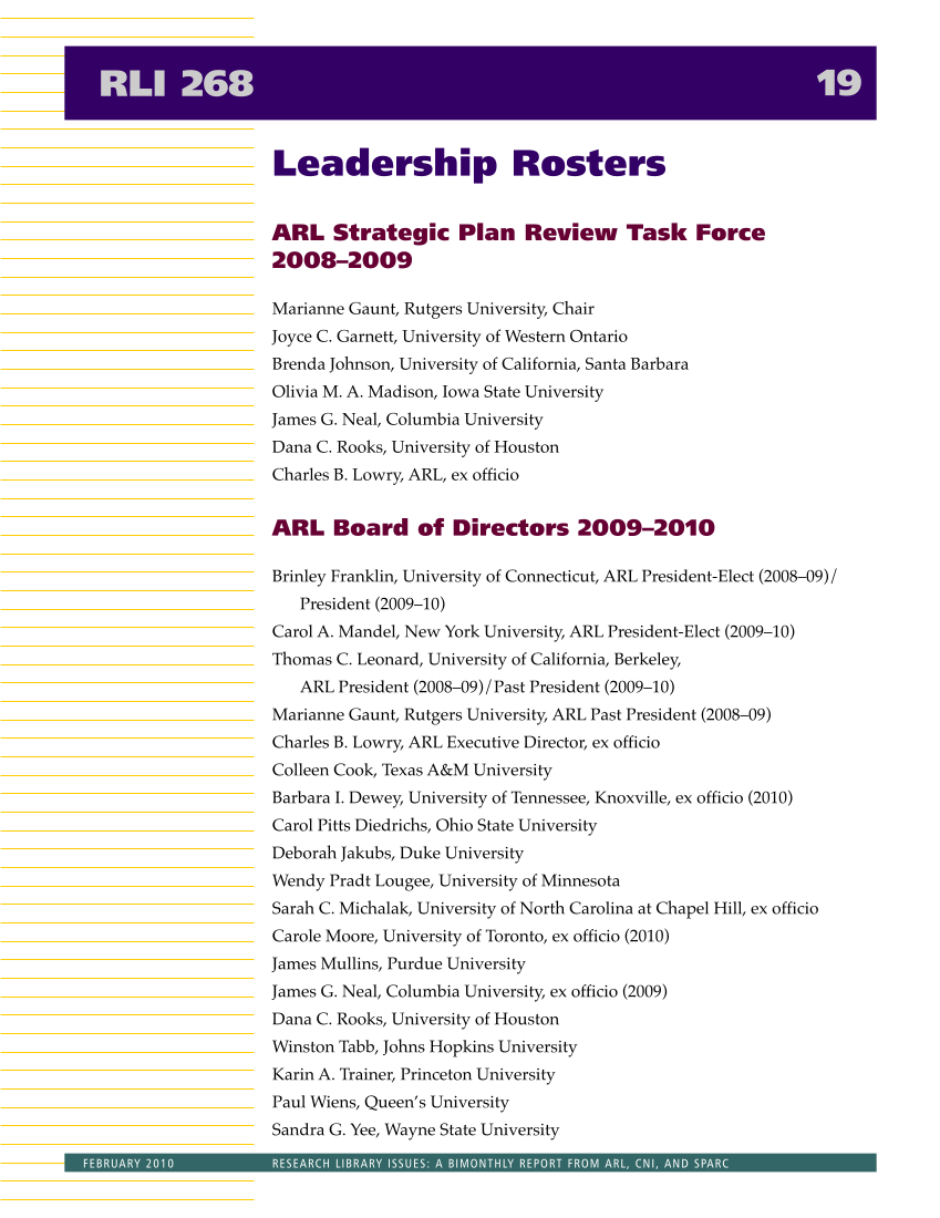 Research Library Issues, no. 268 (Feb. 2010): Special Issue on the ARL Strategic Plan page 20