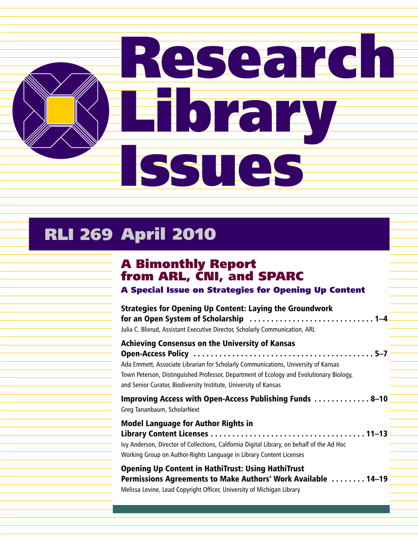 Research Library Issues, no. 269 (April 2010): Special Issue on Strategies for Opening Up Content page