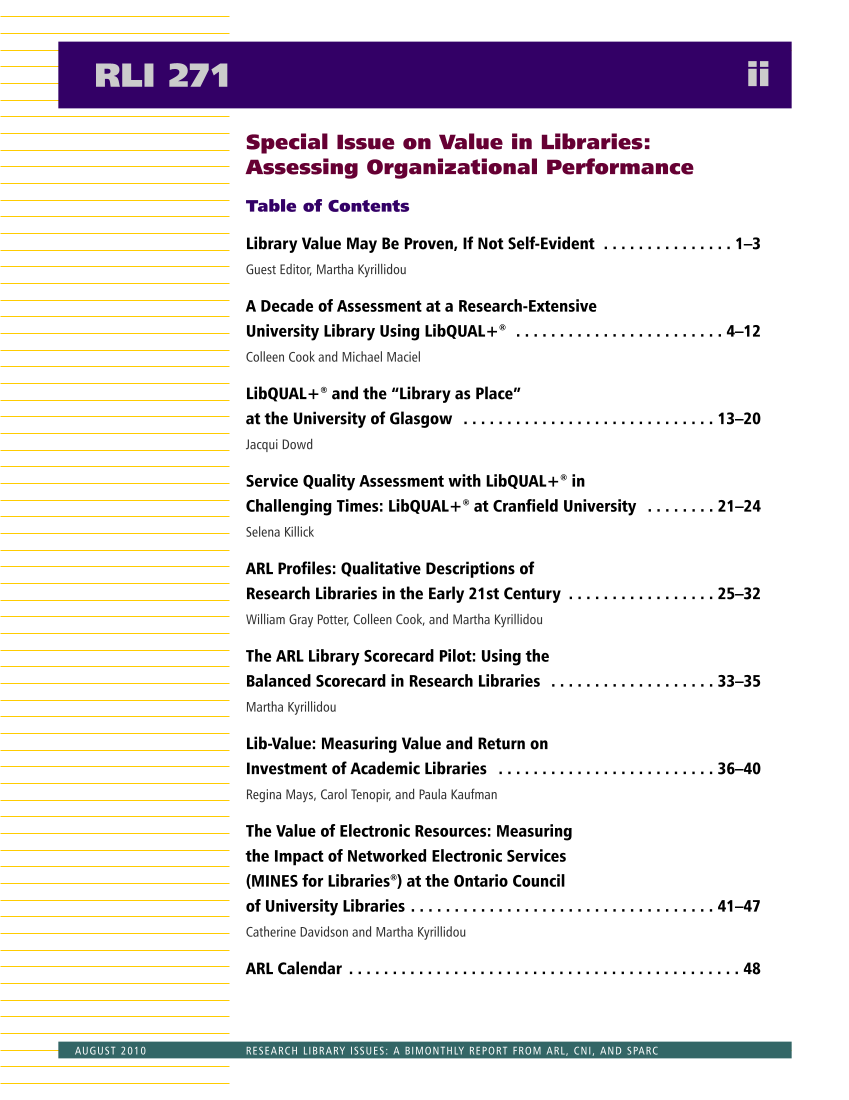 Research Library Issues, no. 271 (Aug. 2010): Special Issue on Value in Libraries: Assessing Organizational Performance page 2
