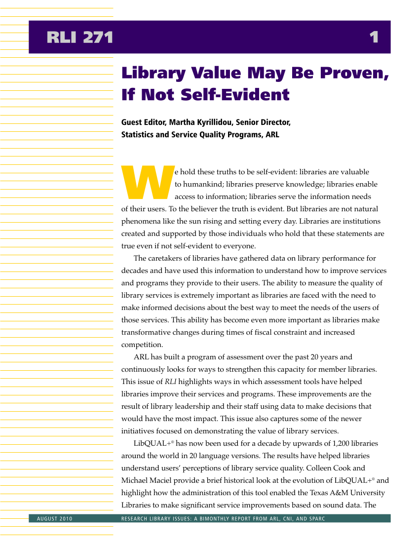 Research Library Issues, no. 271 (Aug. 2010): Special Issue on Value in Libraries: Assessing Organizational Performance page 3