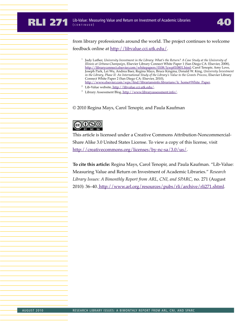 Research Library Issues, no. 271 (Aug. 2010): Special Issue on Value in Libraries: Assessing Organizational Performance page 42