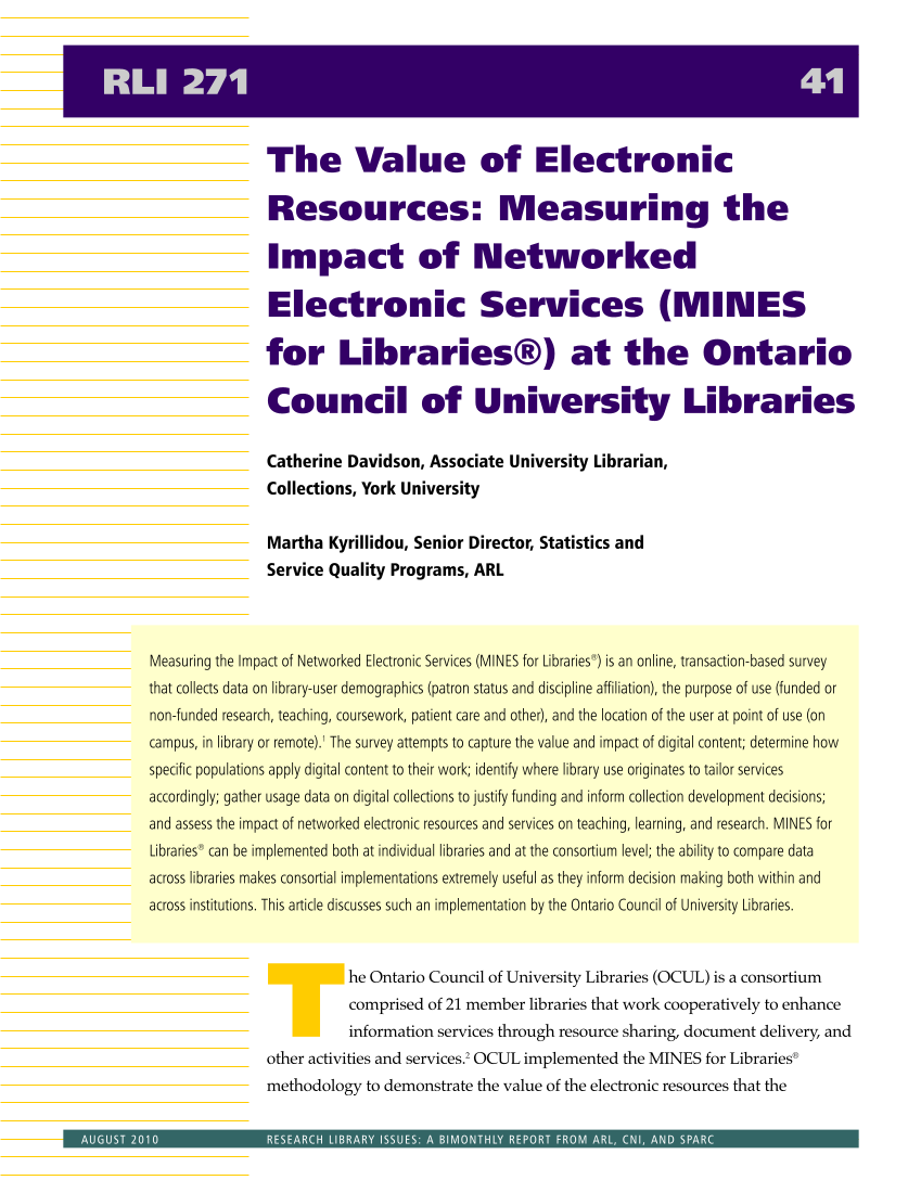 Research Library Issues, no. 271 (Aug. 2010): Special Issue on Value in Libraries: Assessing Organizational Performance page 43