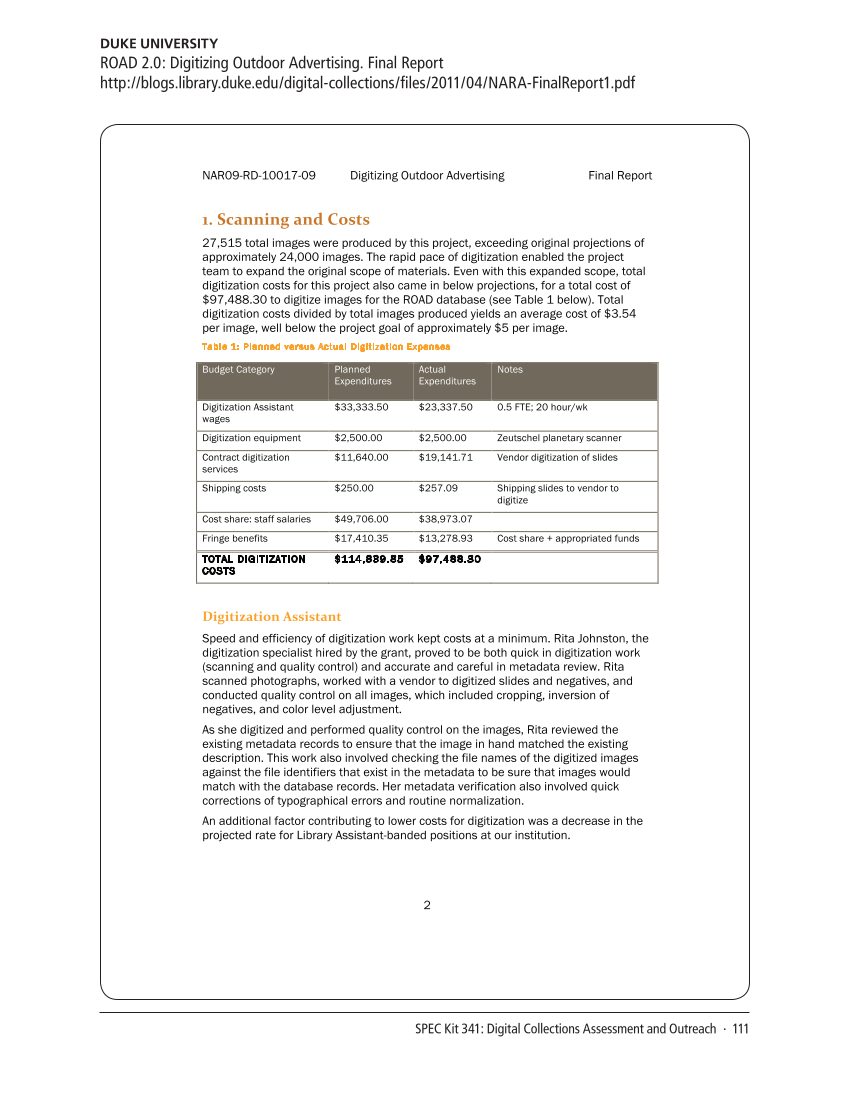 SPEC Kit 341: Digital Collections Assessment and Outreach (August 2014) page 111