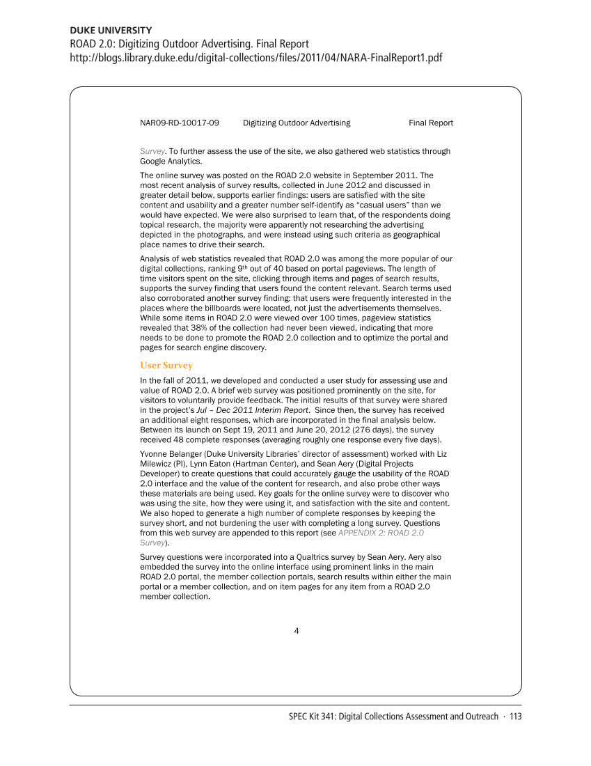 SPEC Kit 341: Digital Collections Assessment and Outreach (August 2014) page 113