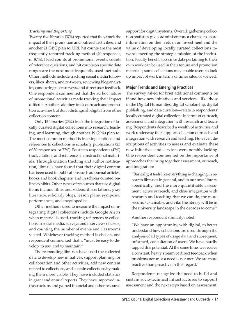 SPEC Kit 341: Digital Collections Assessment and Outreach (August 2014) page 17