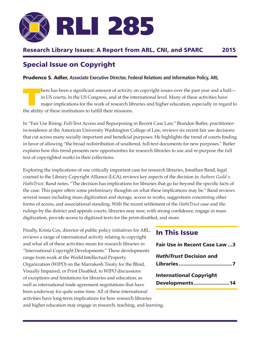 Research Library Issues, no. 285 (2015): Special Issue on Copyright page 1