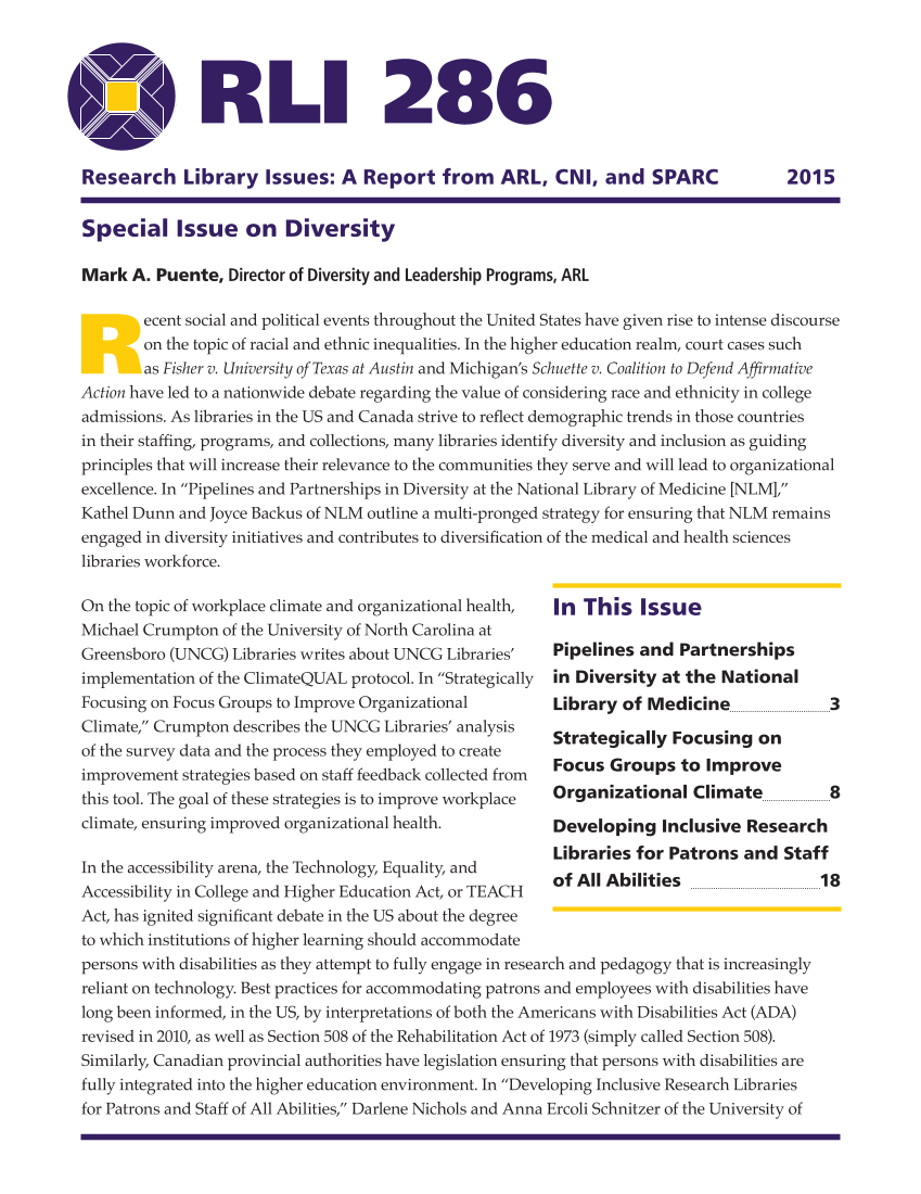 Research Library Issues, no. 286 (2015): Special Issue on Diversity page 1