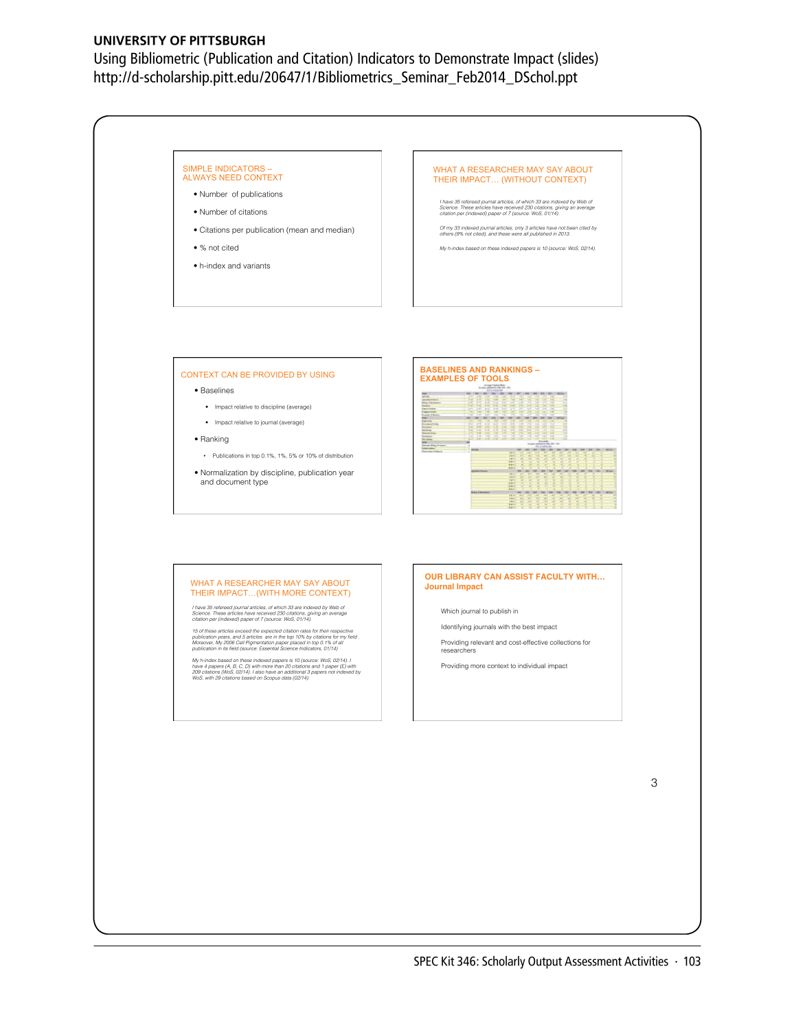 SPEC Kit 346: Scholarly Output Assessment Activities (May 2015) page 103