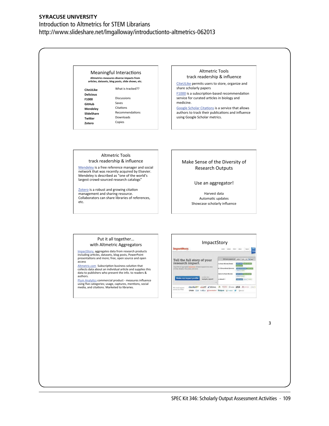 SPEC Kit 346: Scholarly Output Assessment Activities (May 2015) page 109