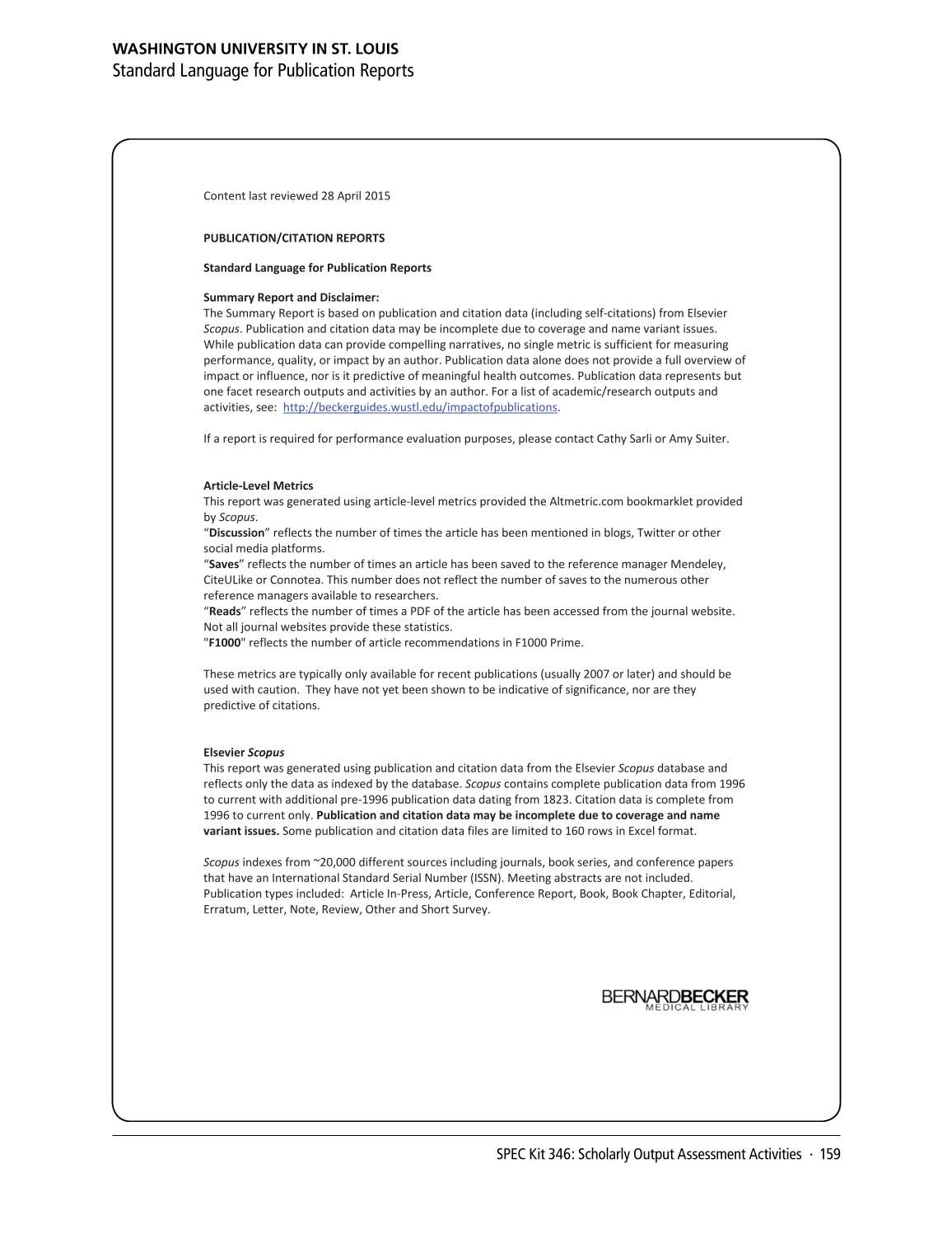 SPEC Kit 346: Scholarly Output Assessment Activities (May 2015) page 159