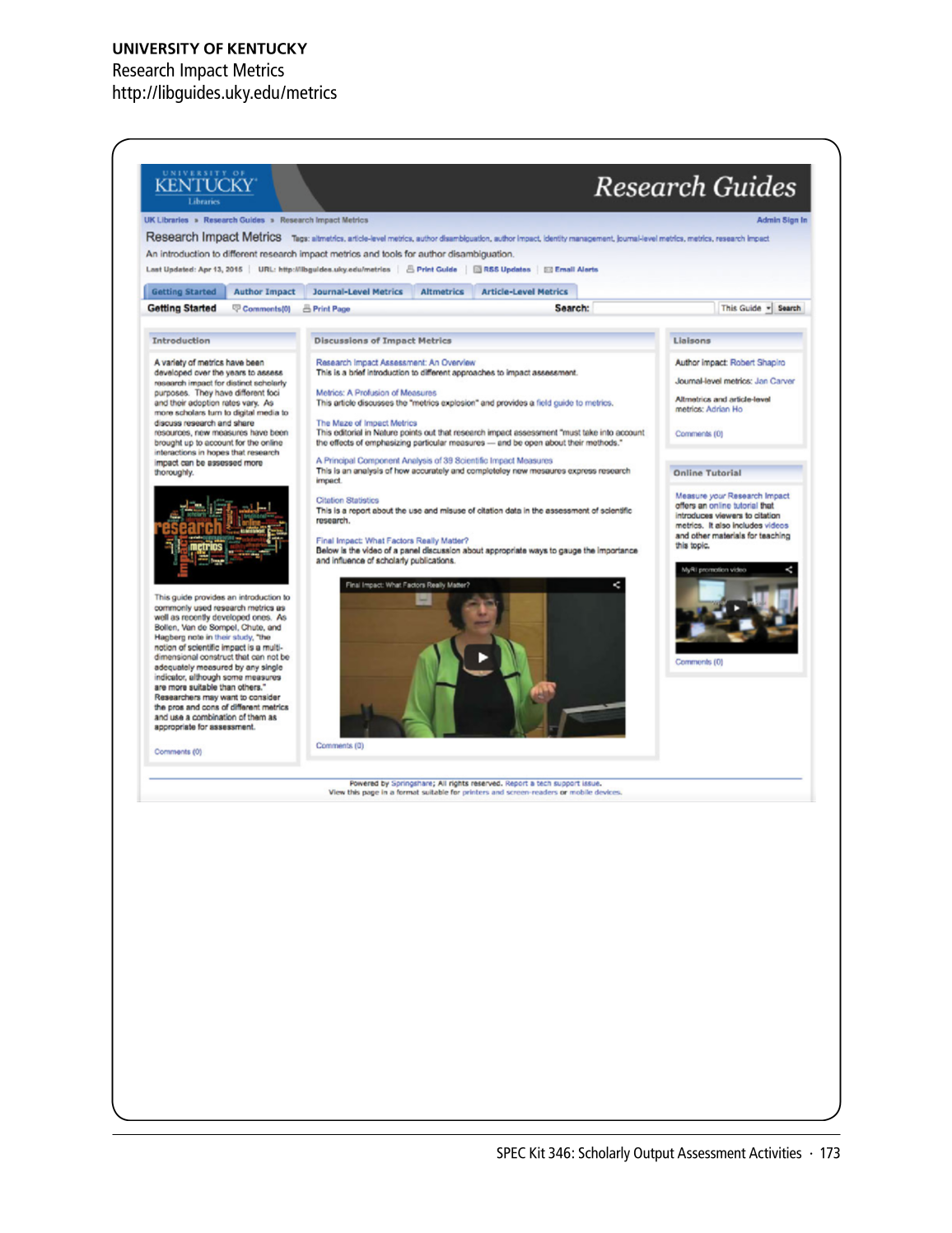 SPEC Kit 346: Scholarly Output Assessment Activities (May 2015) page 173