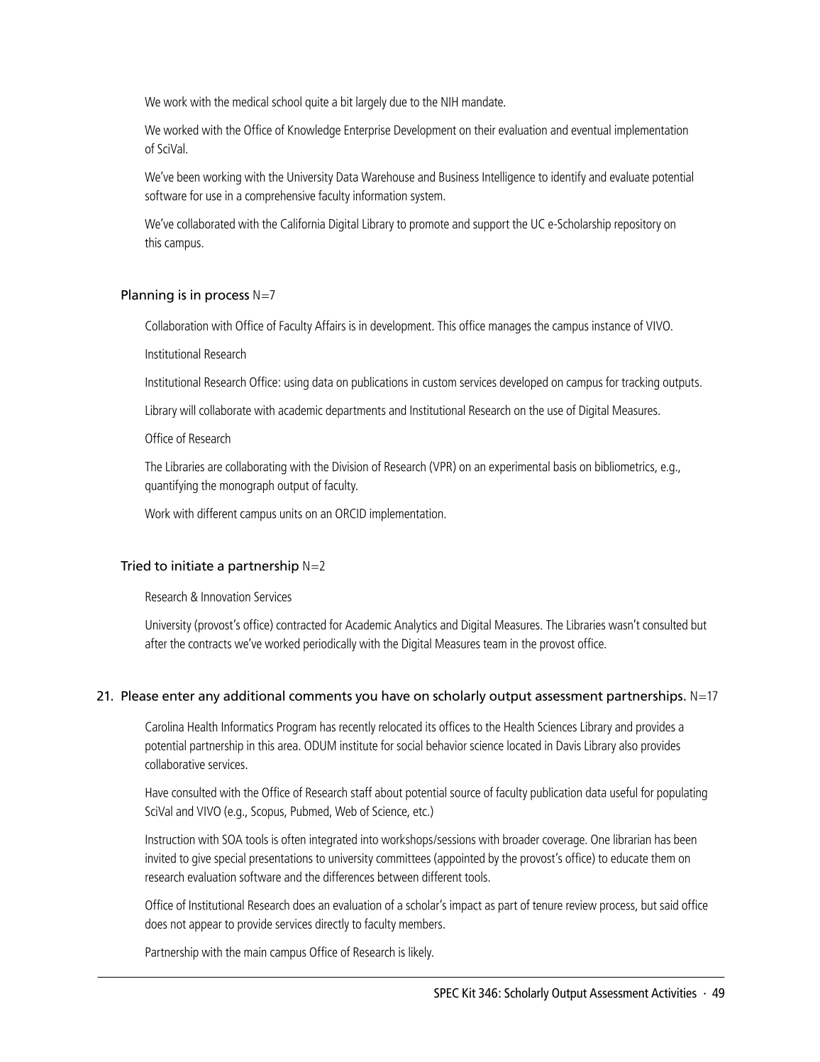 SPEC Kit 346: Scholarly Output Assessment Activities (May 2015) page 49