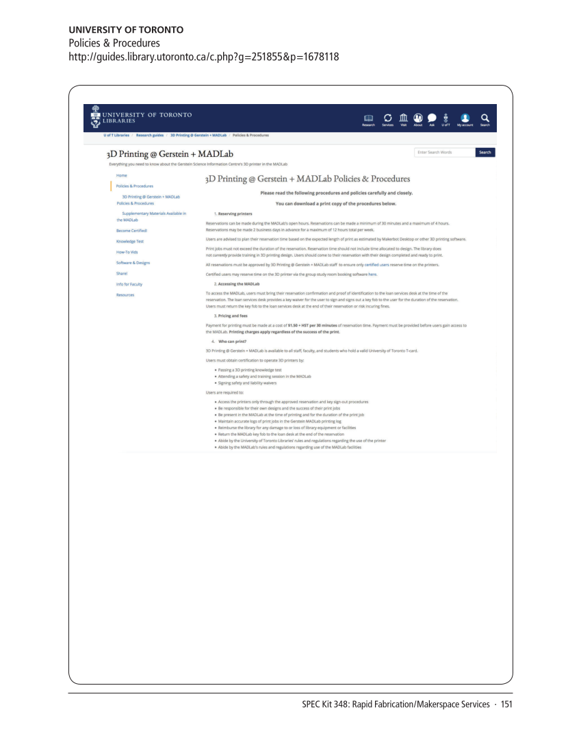 SPEC Kit 348: Rapid Fabrication/Makerspace Services (September 2015) page 151