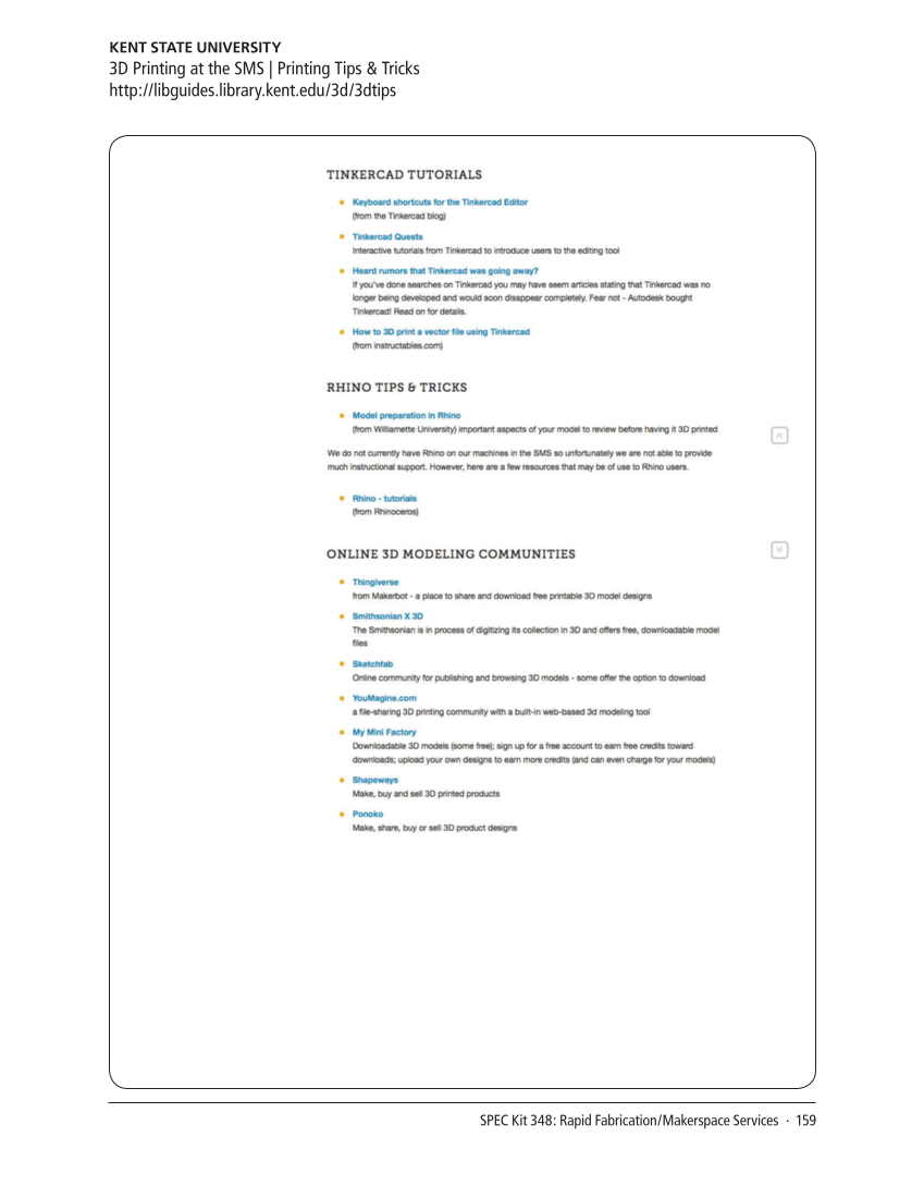 SPEC Kit 348: Rapid Fabrication/Makerspace Services (September 2015) page 159