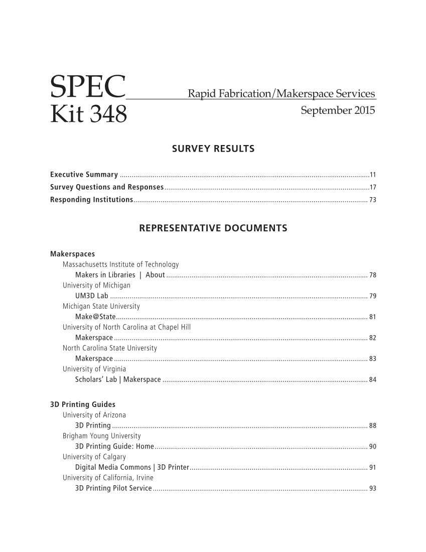 SPEC Kit 348: Rapid Fabrication/Makerspace Services (September 2015) page 5