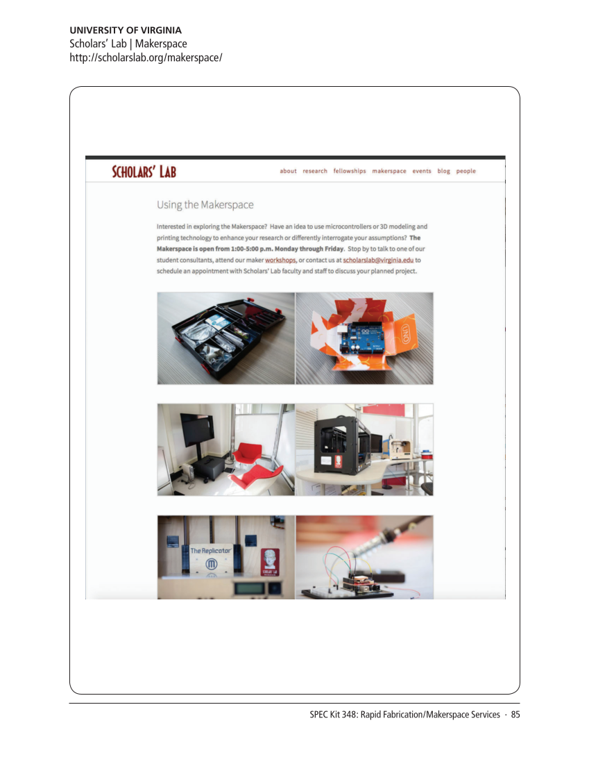 SPEC Kit 348: Rapid Fabrication/Makerspace Services (September 2015) page 85