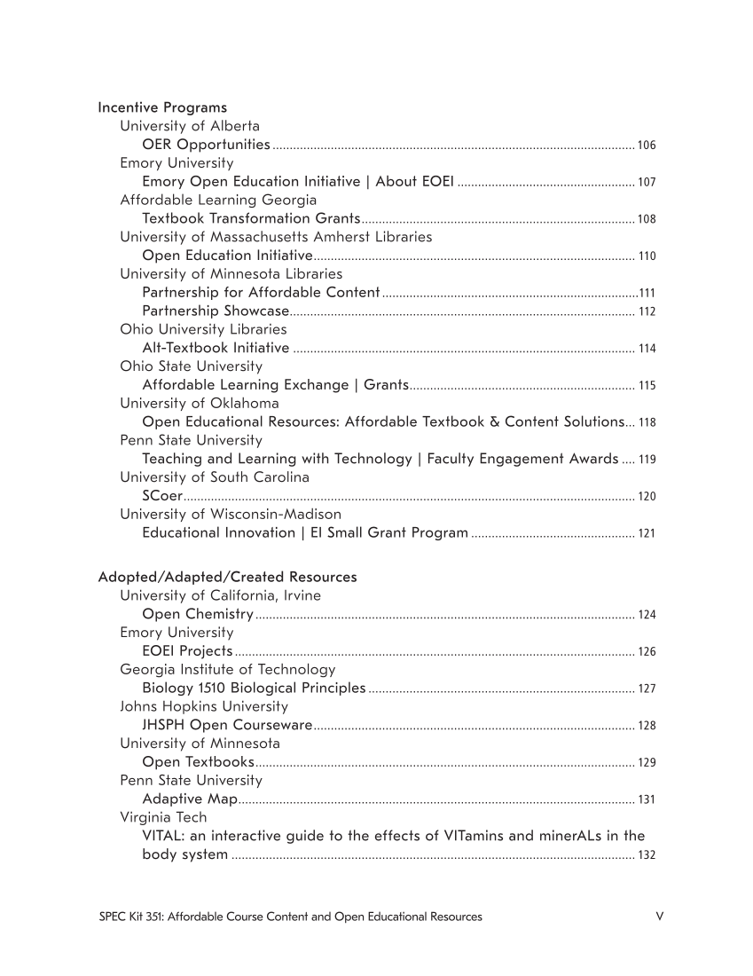 SPEC Kit 351: Affordable Course Content and Open Educational Resources (July 2016) page VI