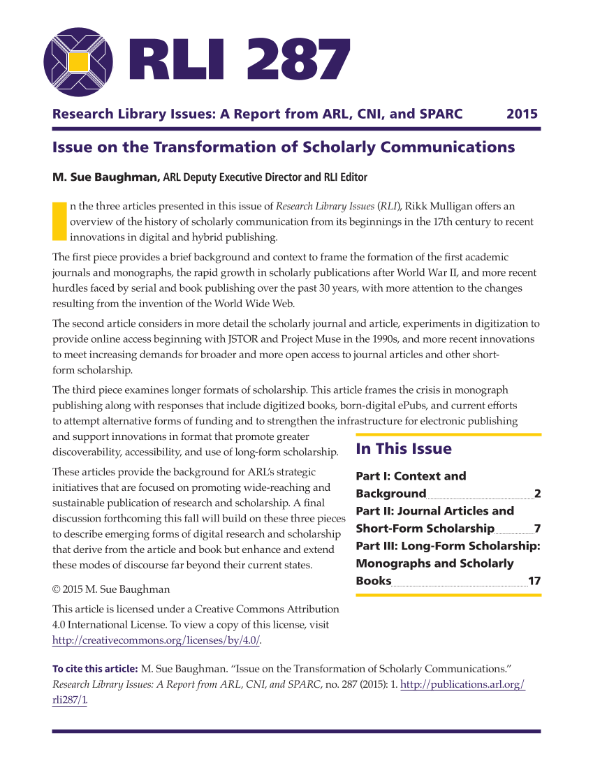 Research Library Issues, no. 287 (2015): Special Issue on Transformation of Scholarly Communications page 1