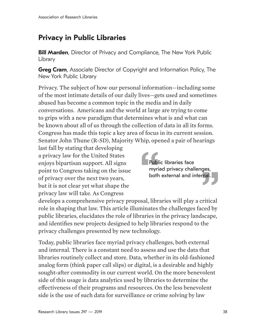 Research Library Issues, no. 297 (2019): The Current Privacy Landscape page 38