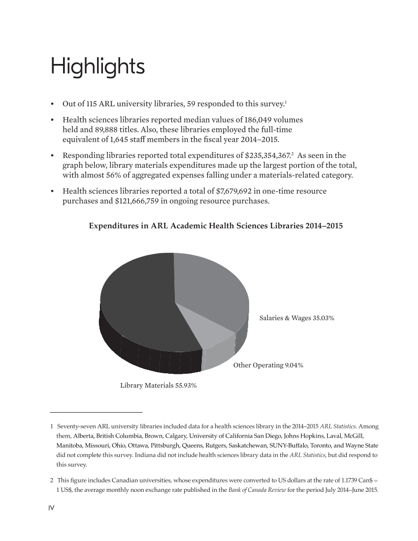 ARL Academic Health Sciences Library Statistics 2014-2015 page VI