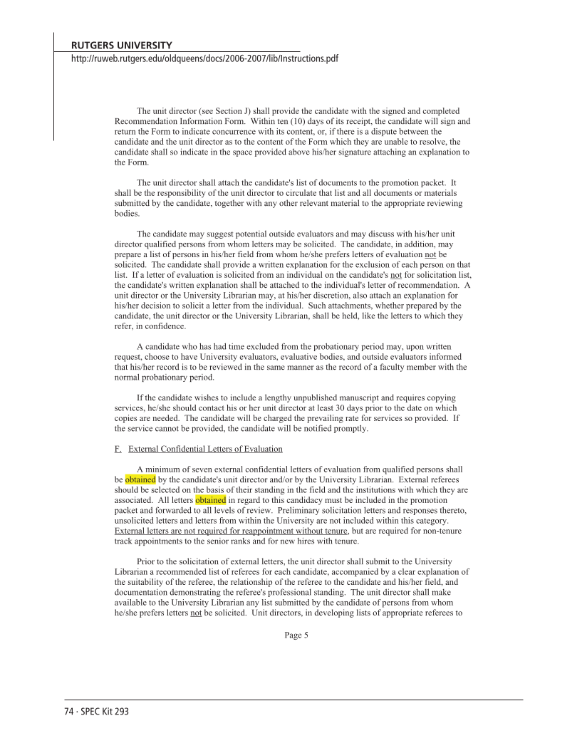 SPEC Kit 293: External Review for Promotion and Tenure (August 2006) page 74