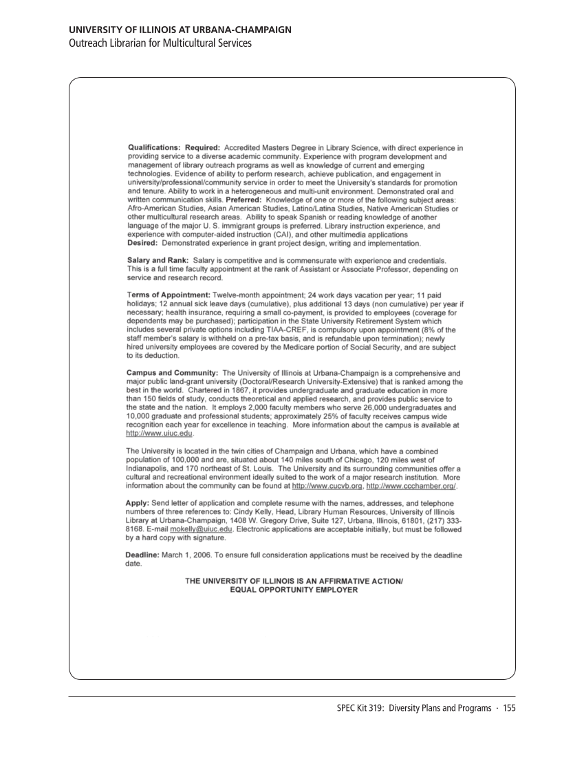 SPEC Kit 319: Diversity Plans and Programs (October 2010) page 155