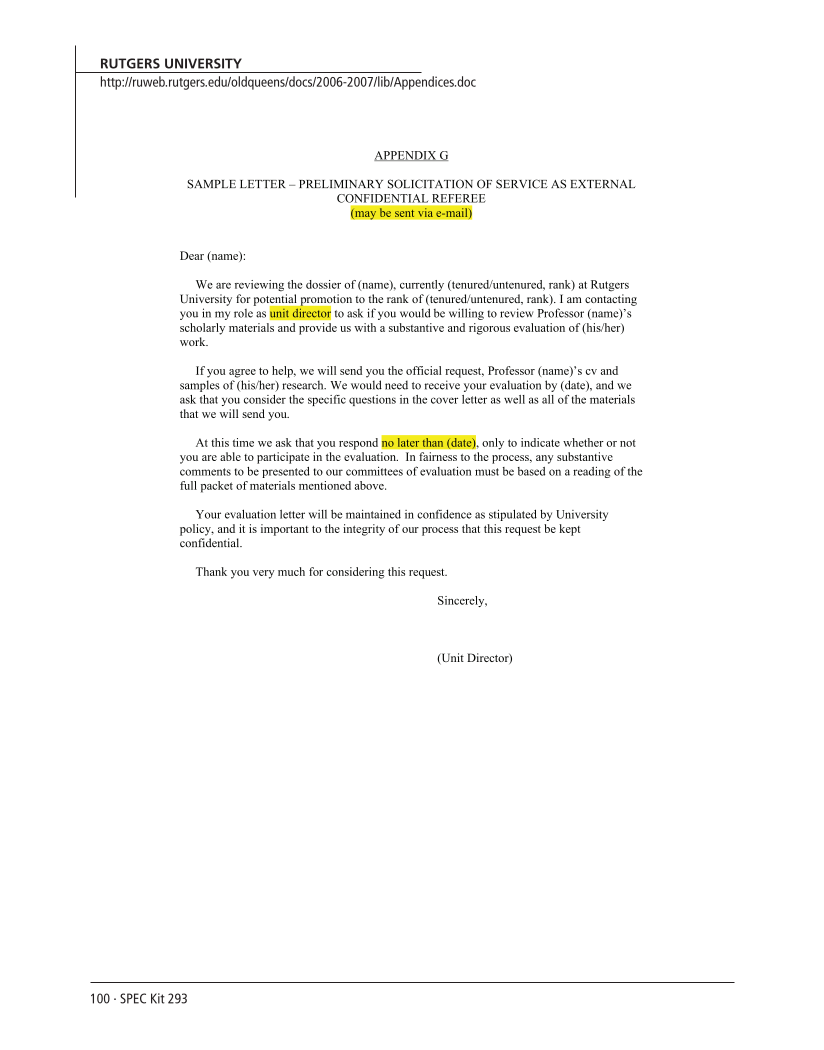 SPEC Kit 293: External Review for Promotion and Tenure (August 2006) page 100