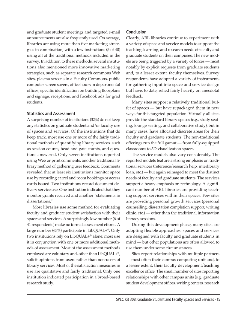 SPEC Kit 308: Graduate Student and Faculty Spaces and Services (November 2008) page 15