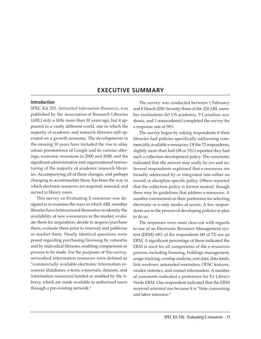 SPEC Kit 316: Evaluating E-resources (July 2010) page 11