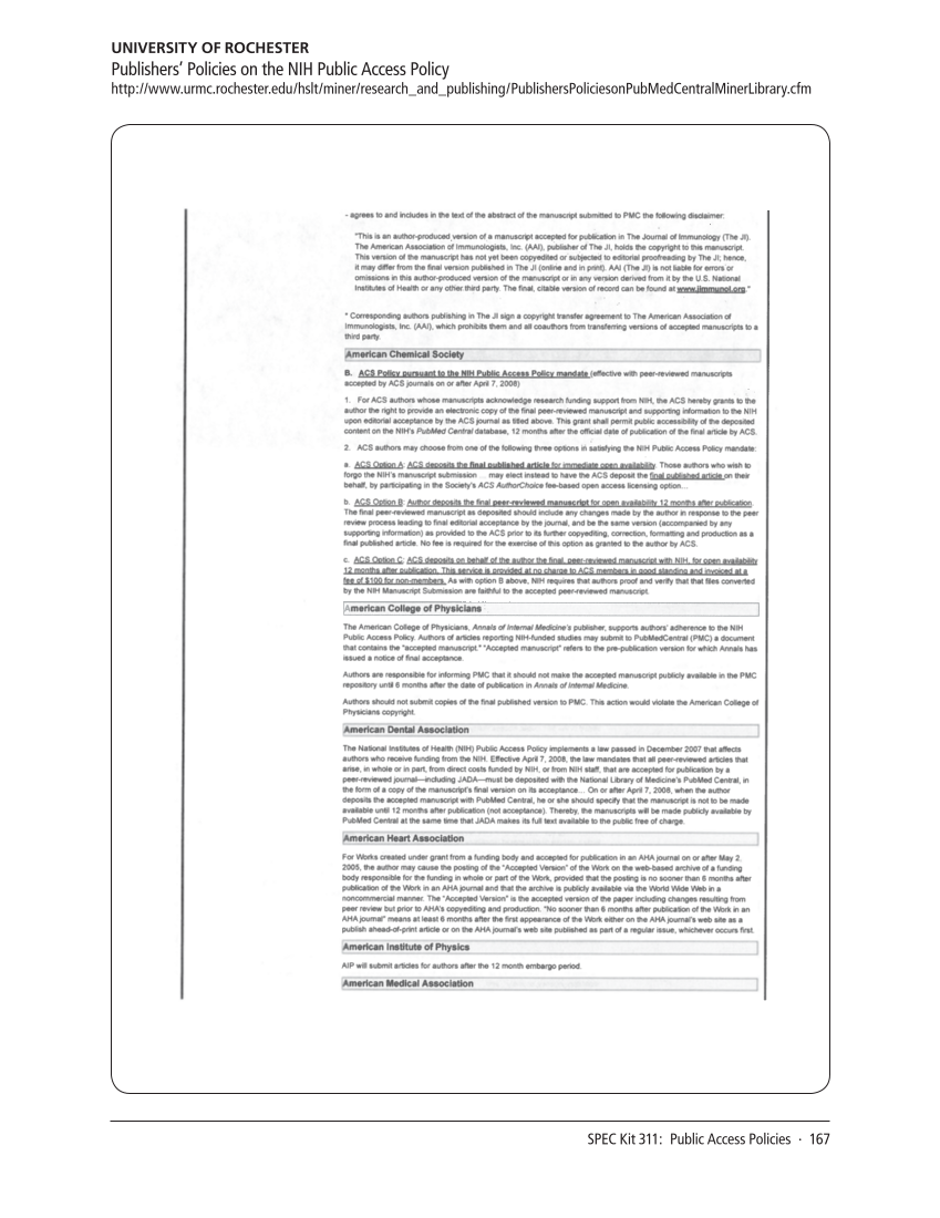 SPEC Kit 311: Public Access Policies (August 2009) page 167