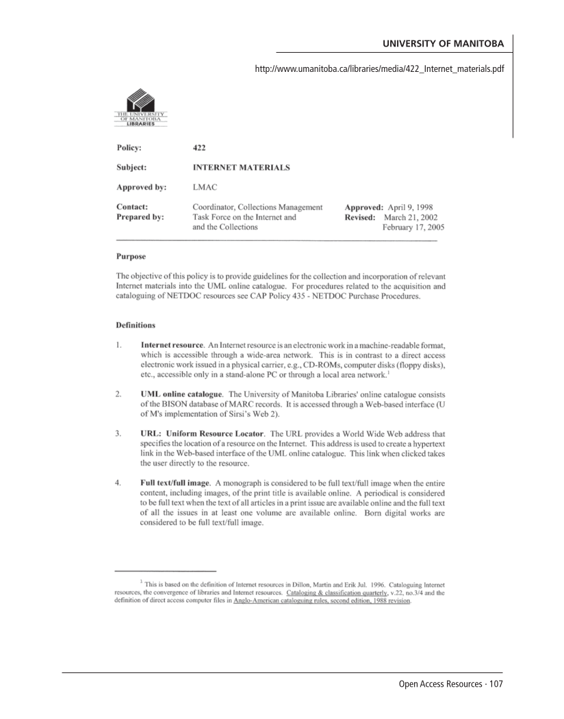 SPEC Kit 300: Open Access Resources (September 2007) page 107