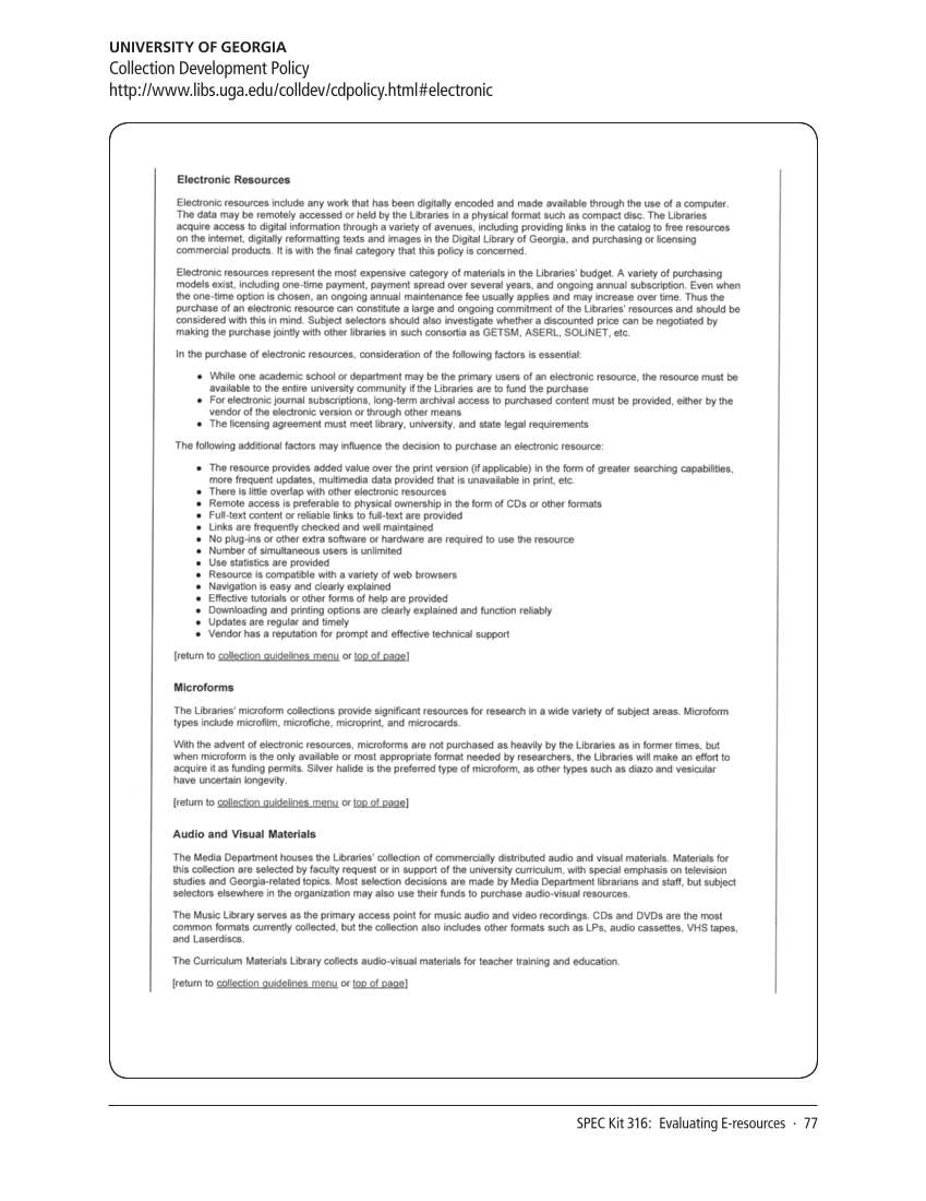 SPEC Kit 316: Evaluating E-resources (July 2010) page 77