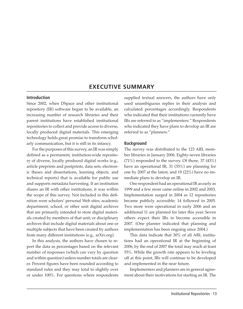 SPEC Kit 292: Institutional Repositories (July 2006) page 13