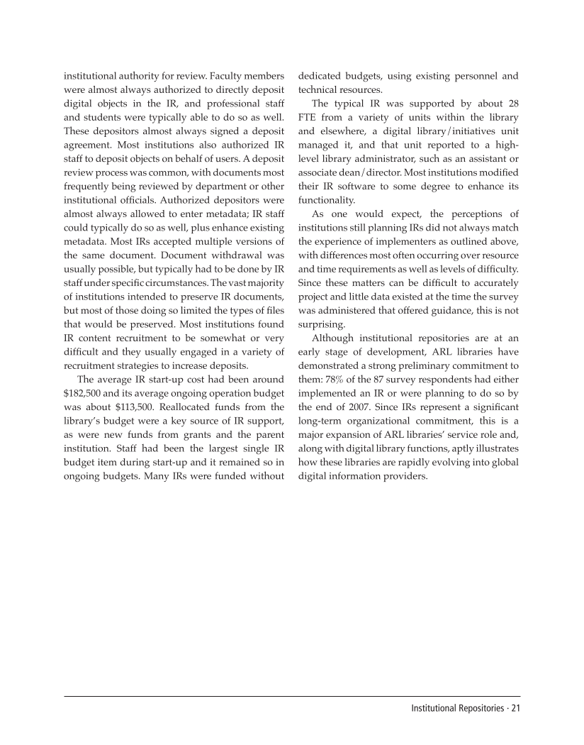 SPEC Kit 292: Institutional Repositories (July 2006) page 21