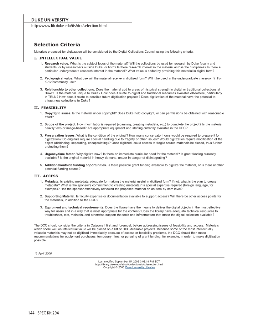 SPEC Kit 294: Managing Digitization Activities (September 2006) page 144