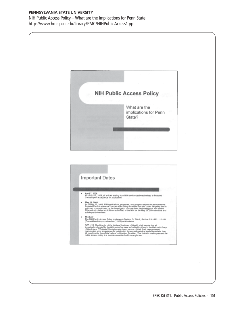 SPEC Kit 311: Public Access Policies (August 2009) page 151