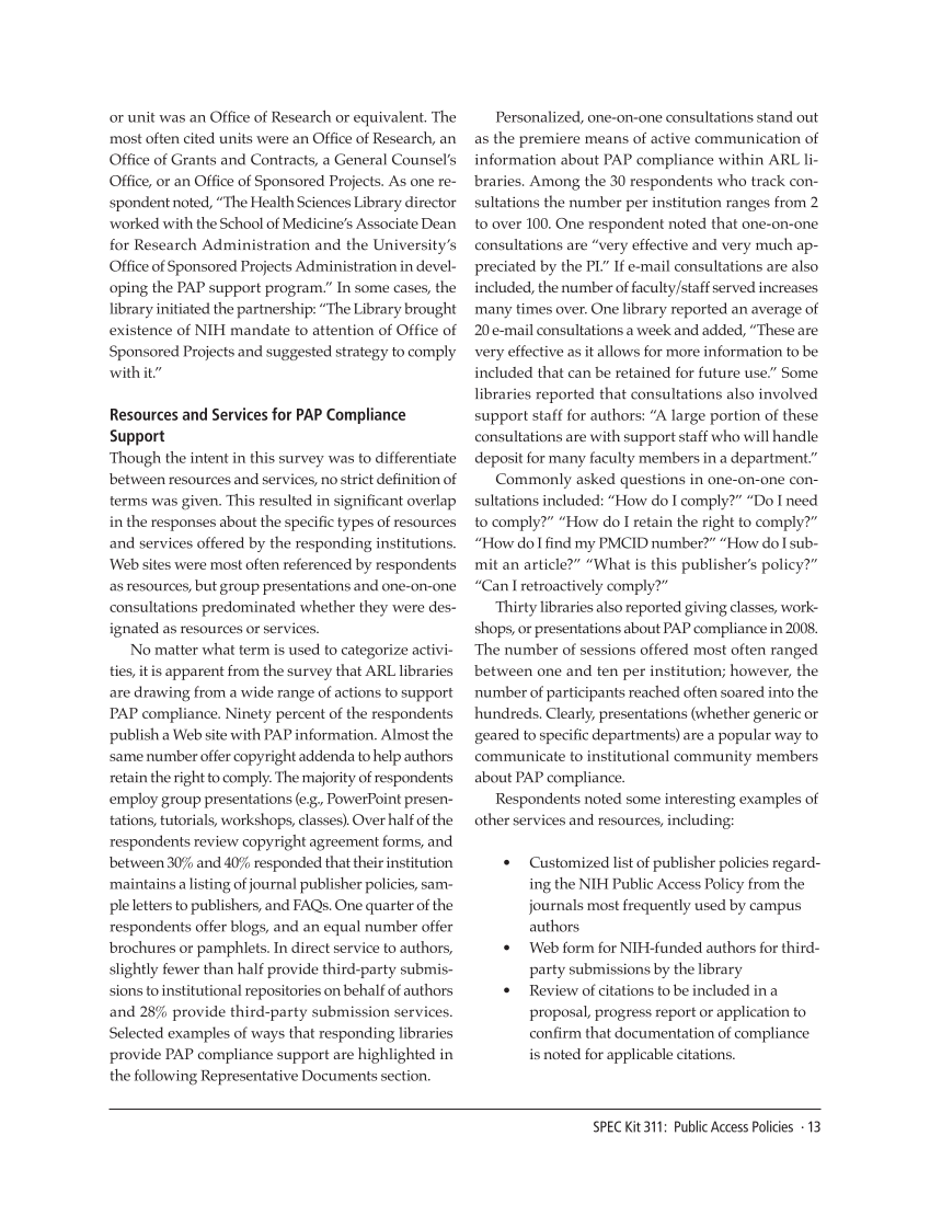 SPEC Kit 311: Public Access Policies (August 2009) page 13