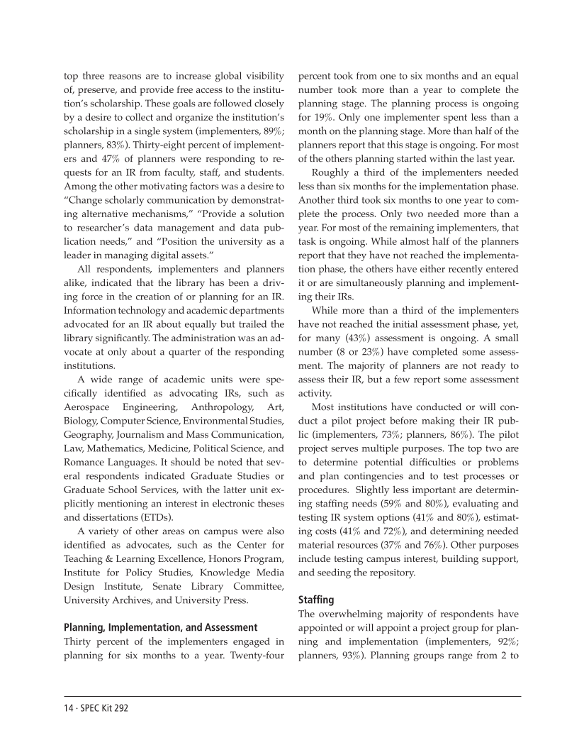 SPEC Kit 292: Institutional Repositories (July 2006) page 14