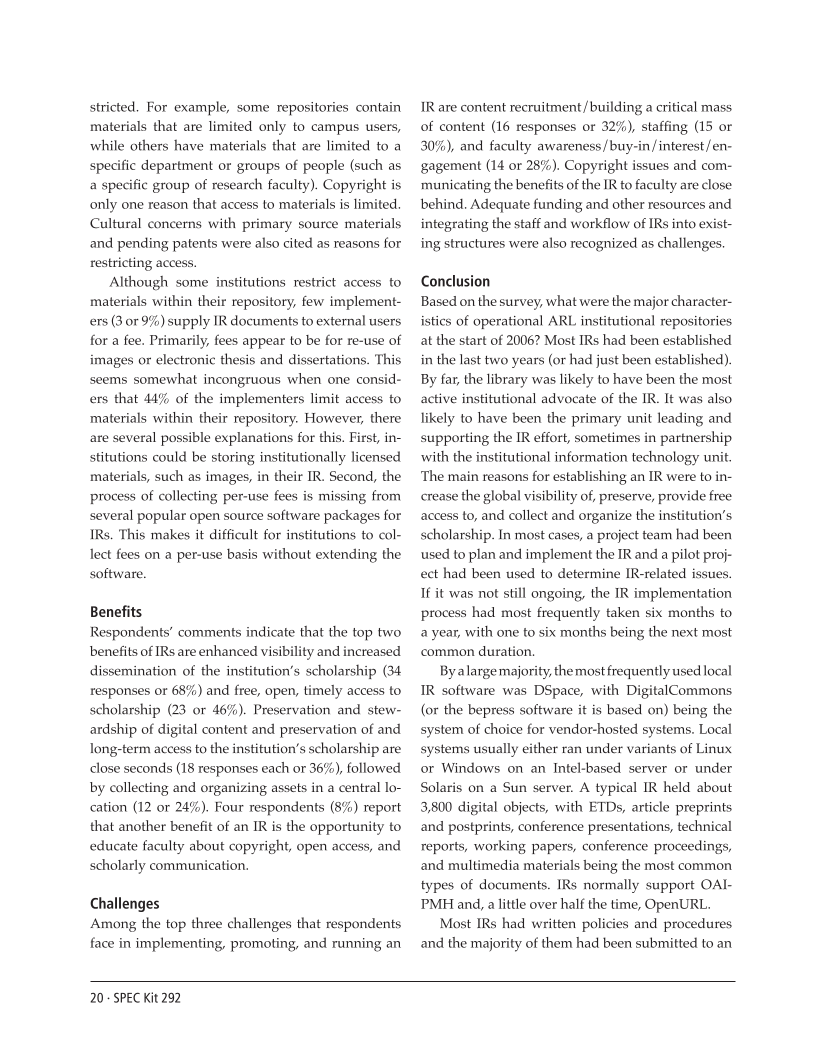 SPEC Kit 292: Institutional Repositories (July 2006) page 20