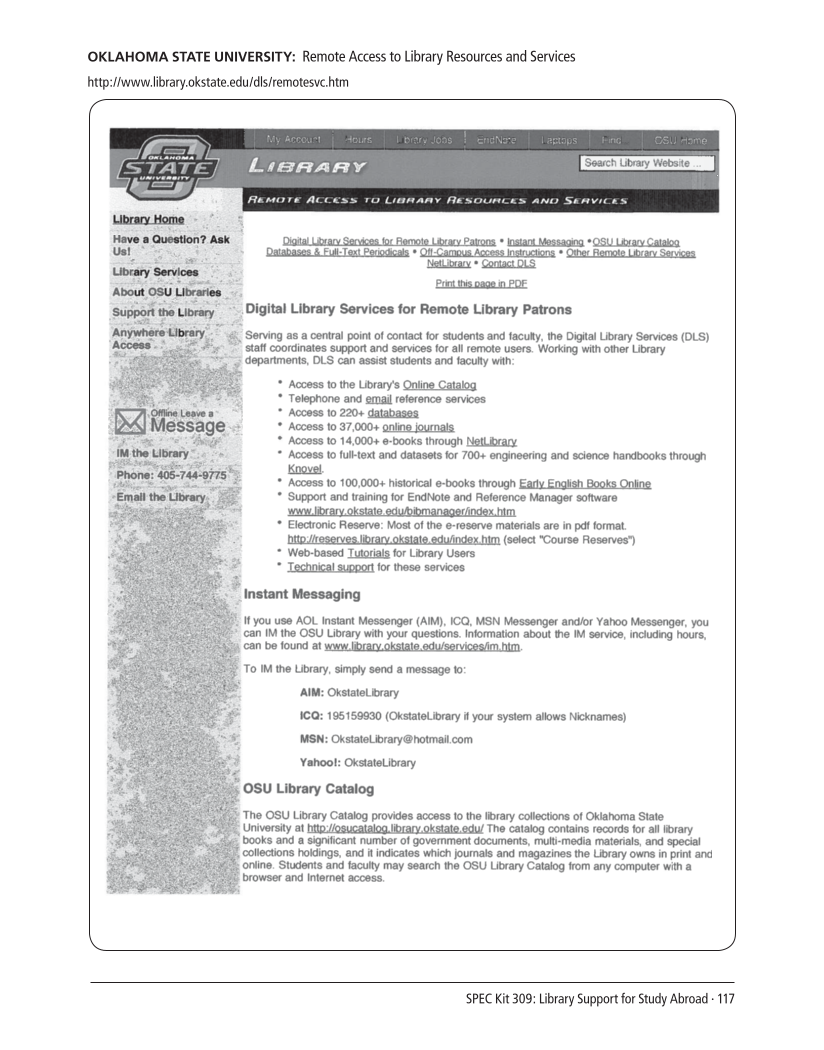 SPEC Kit 309: Library Support for Study Abroad (December 2008) page 117