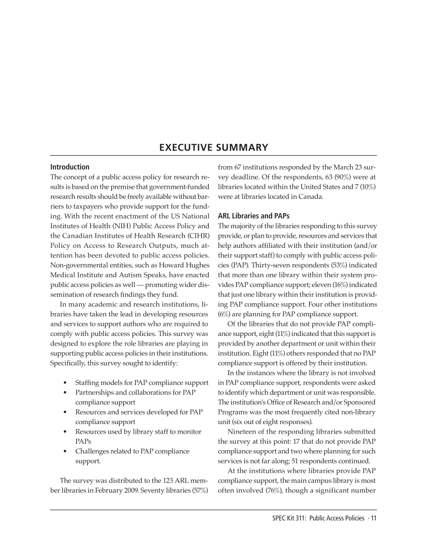 SPEC Kit 311: Public Access Policies (August 2009) page 11