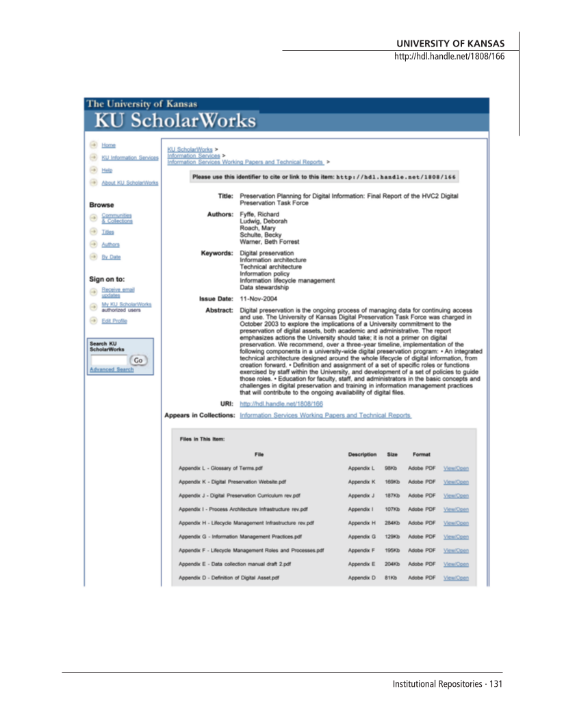 SPEC Kit 292: Institutional Repositories (July 2006) page 131