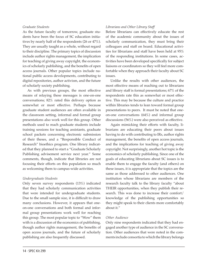 SPEC Kit 299: Scholarly Communication Education Initiatives (August 2007) page 14