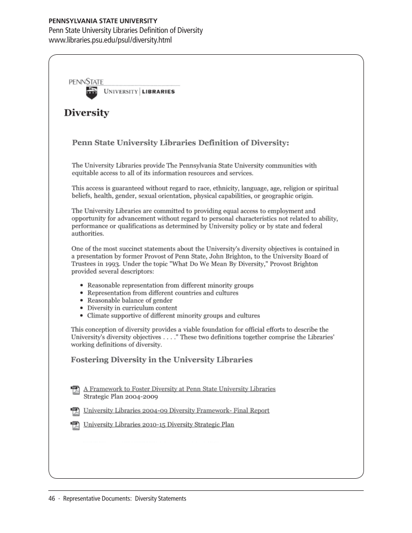 SPEC Kit 319: Diversity Plans and Programs (October 2010) page 46