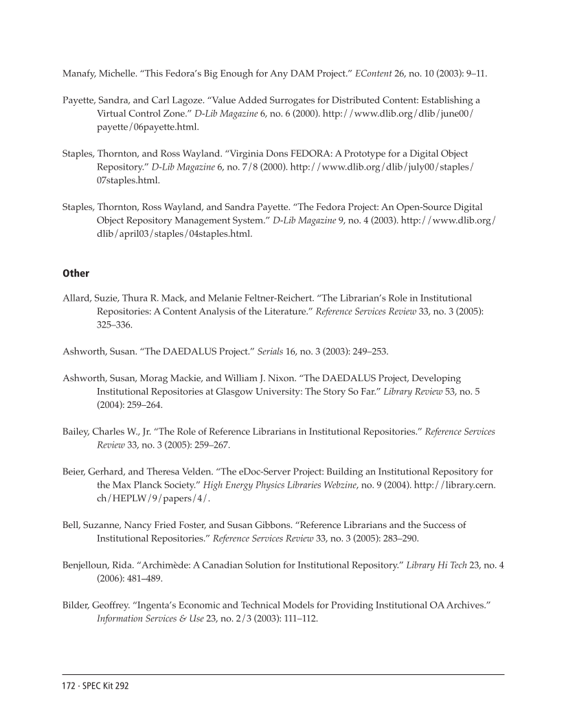 SPEC Kit 292: Institutional Repositories (July 2006) page 172