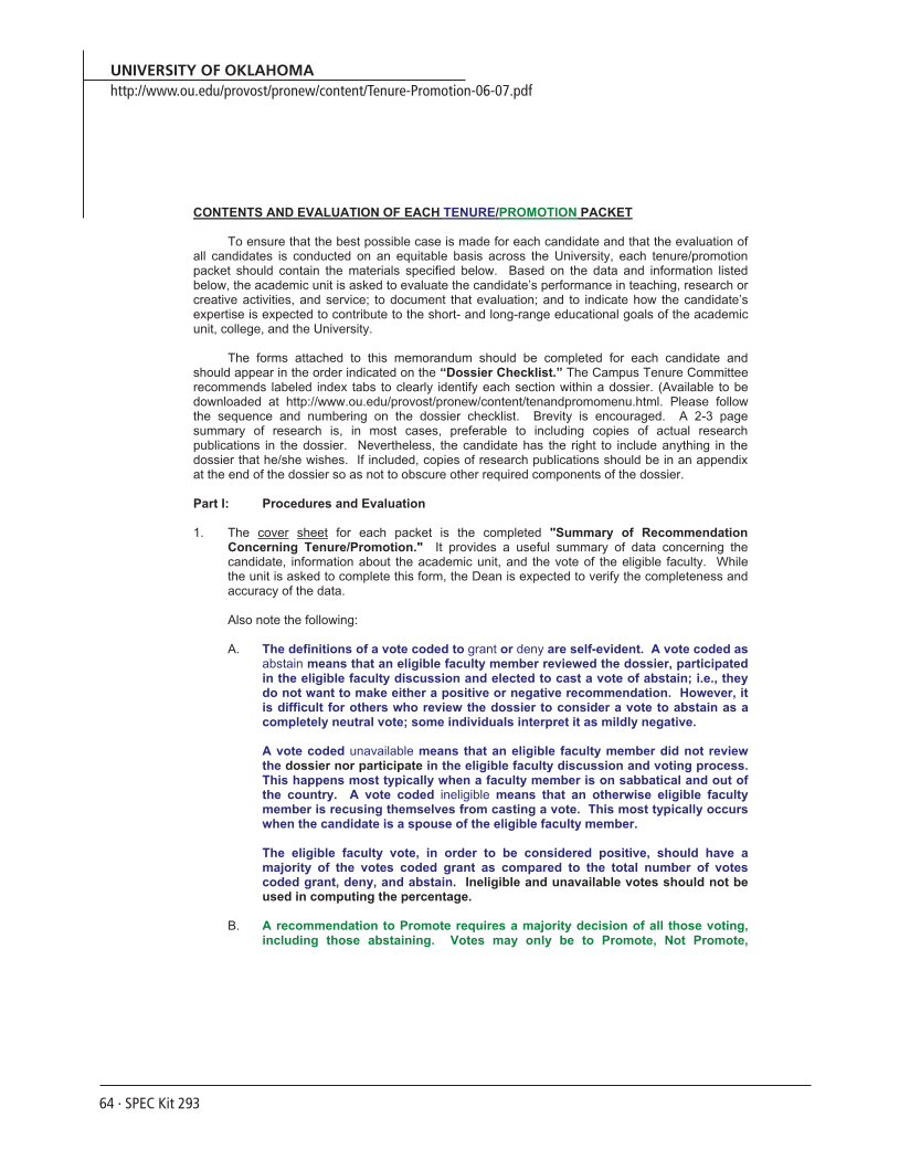 SPEC Kit 293: External Review for Promotion and Tenure (August 2006) page 64